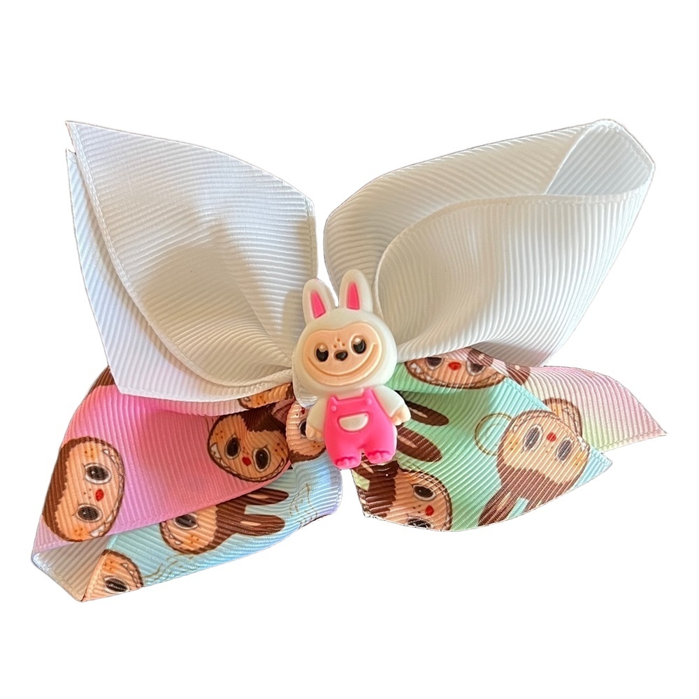 4/$15 Bundle Monster Girls Hair Bow 2 Tone White Ribbon Pink Overall